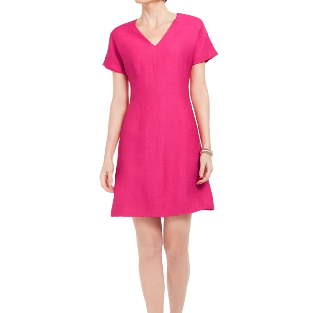 NATORI Womens Pink Solid Short Sleeve Short Fit + Flare Evening Dress